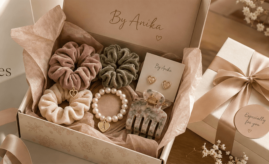 Scrunchies, bracelets and clips in a By Anika gift box
