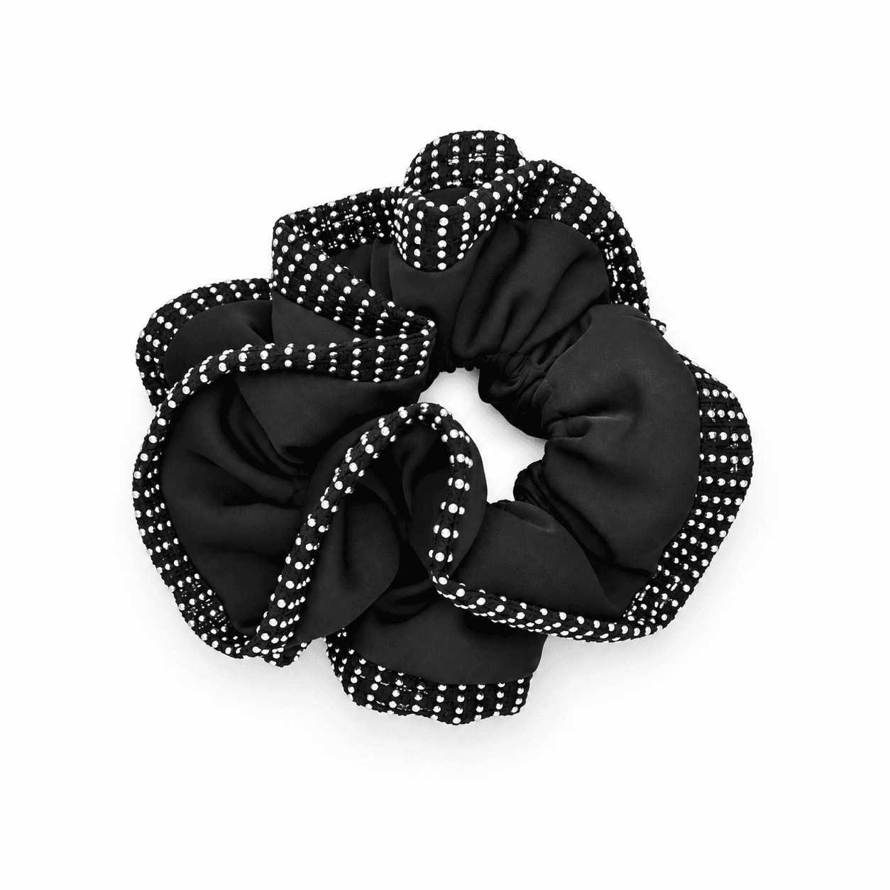 Black Satin Large Scrunchies with White Rhyne Stone Border