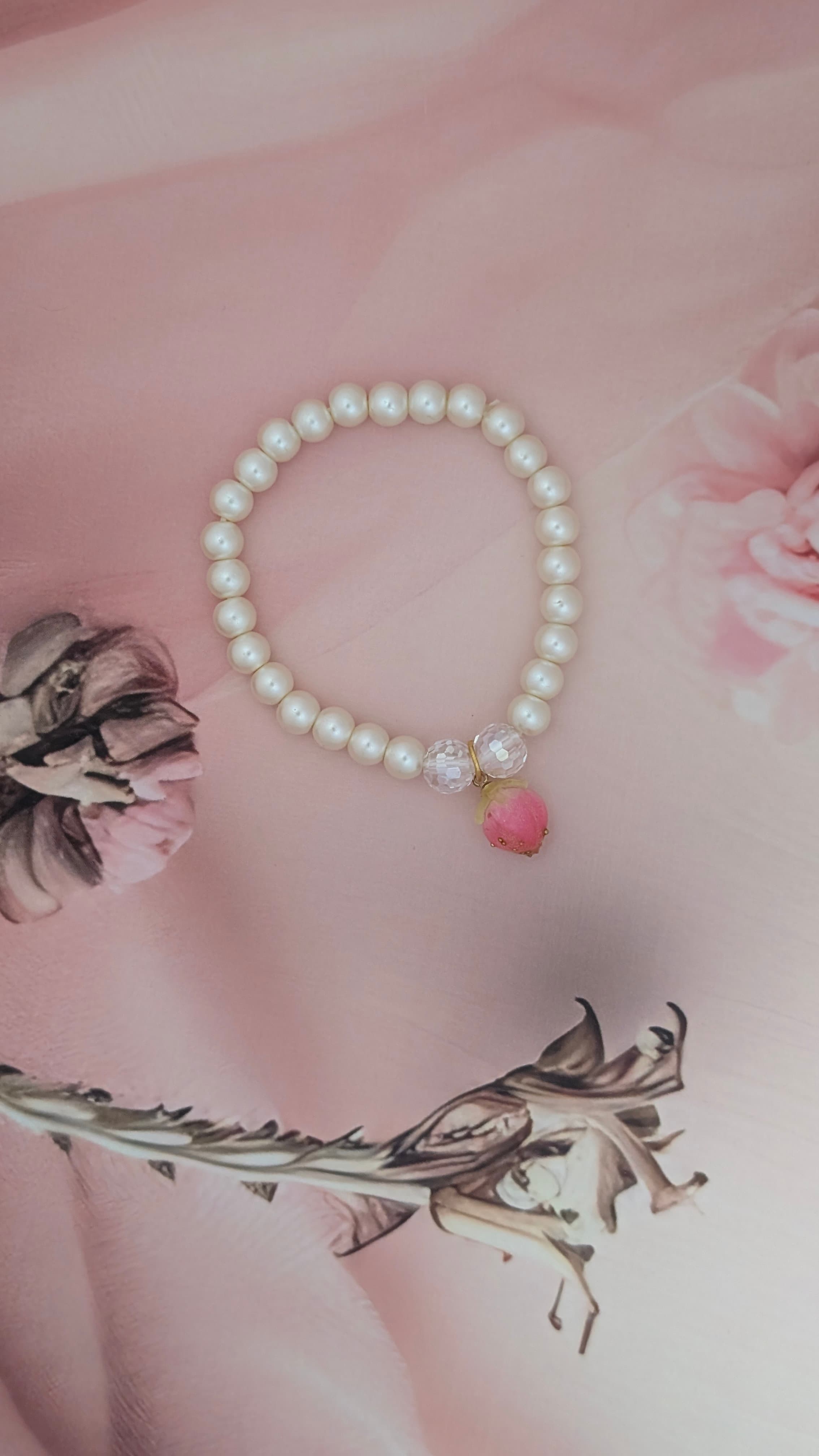 Pearl Bracelet with Rose Bud Charm