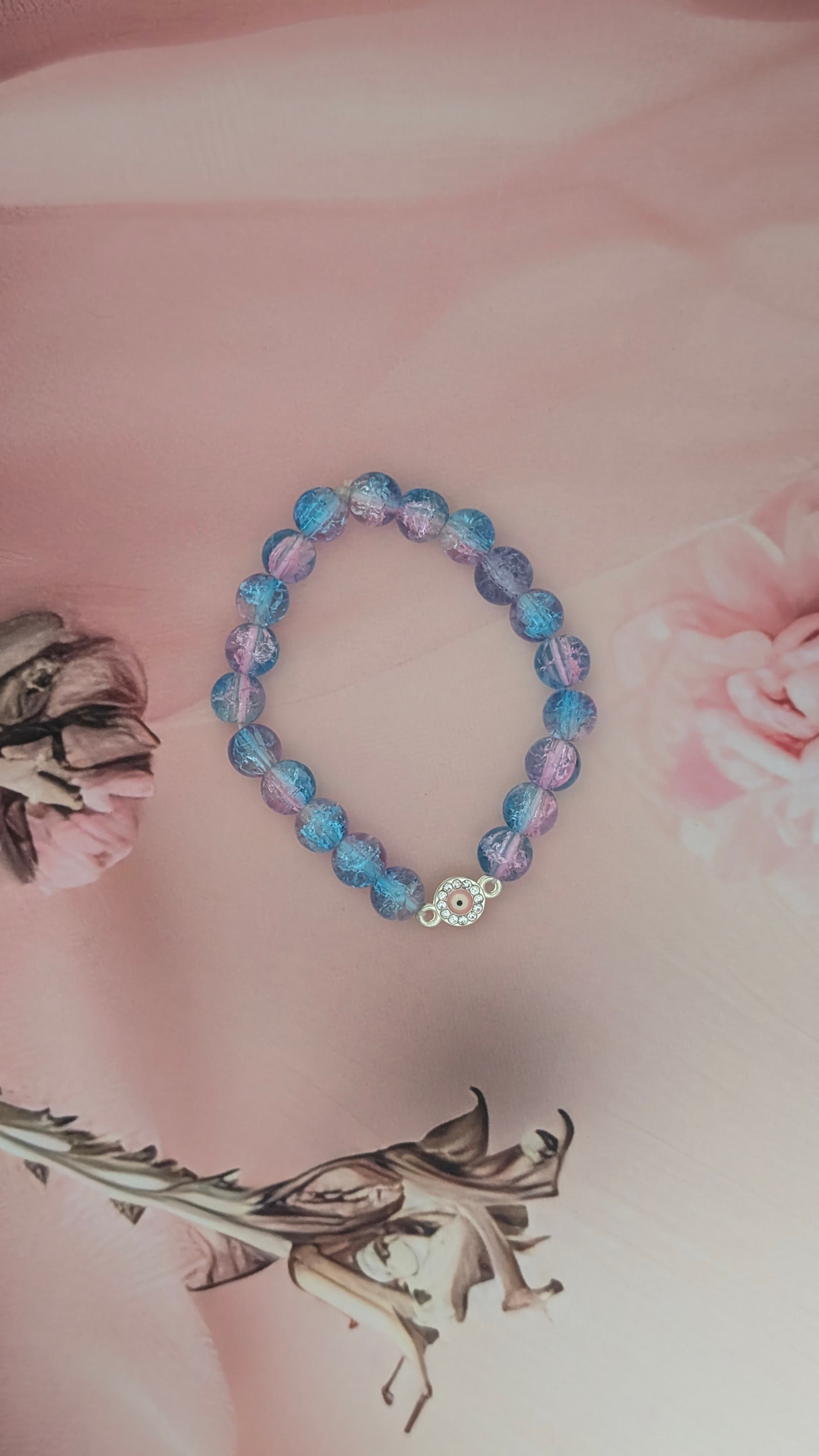 Blue and Pink Crackle Bead with Evil Eye Bracelet