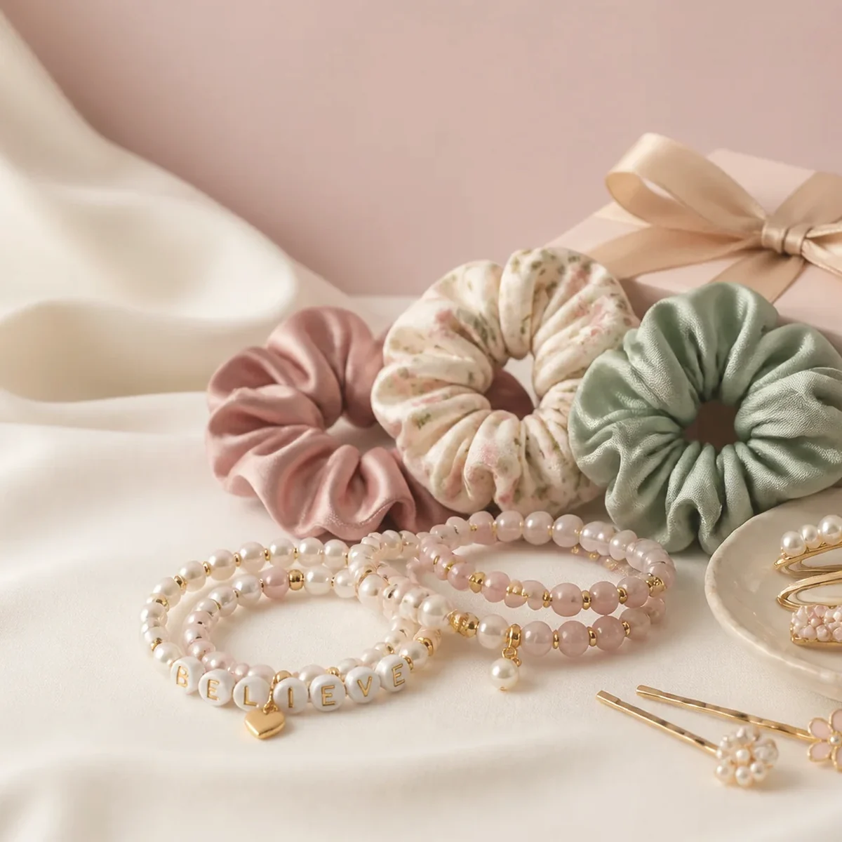 Gift-ready accessories arranged on soft fabric