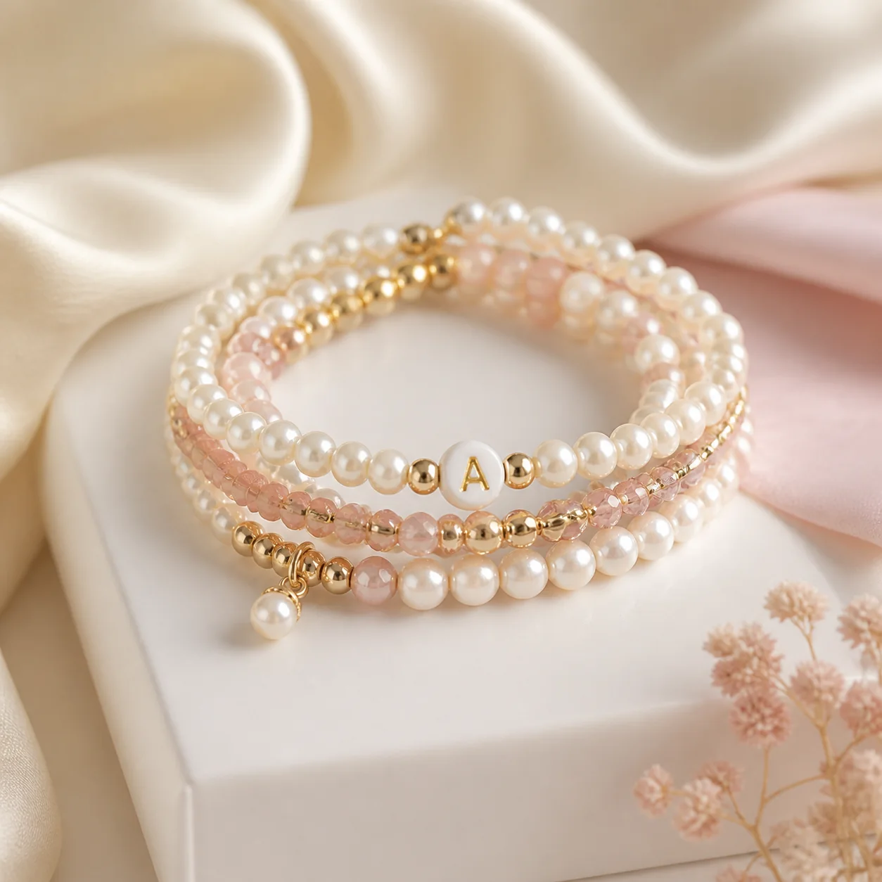Pearl and letter bead bracelet stack