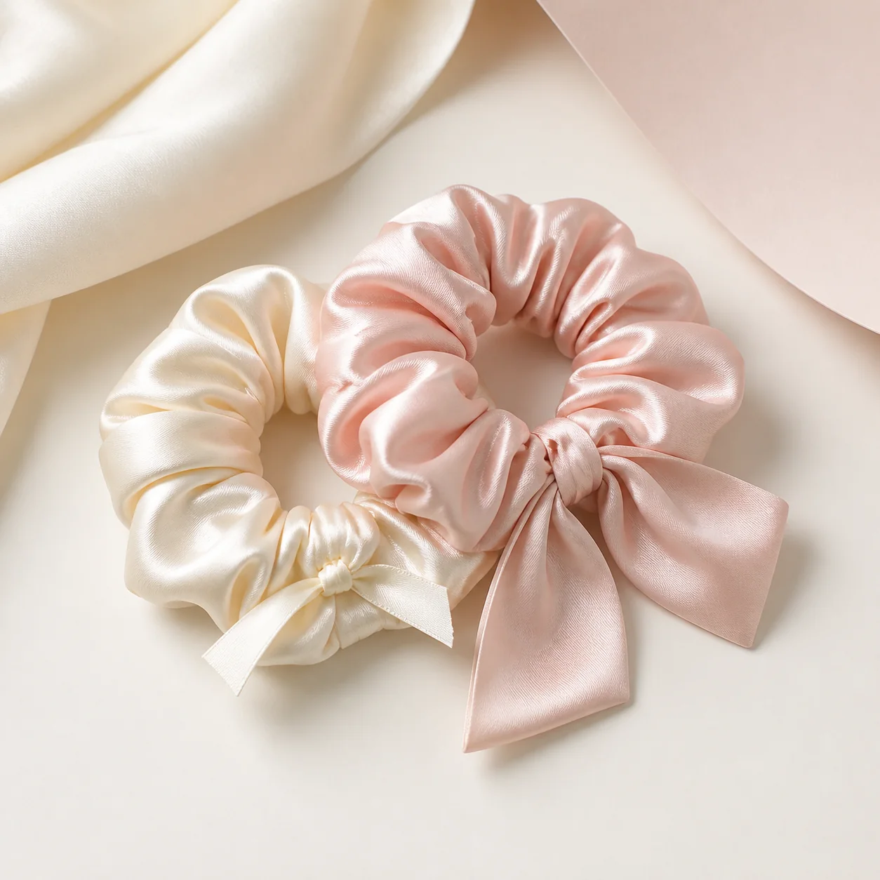 Satin scrunchies on ivory fabric